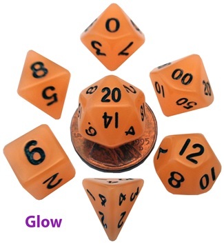 7-Set Mini: 10mm Glow Orange with Black Dice