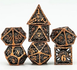 Hollow Dragon and Shield Metal Dice Set (Gold/Copper)