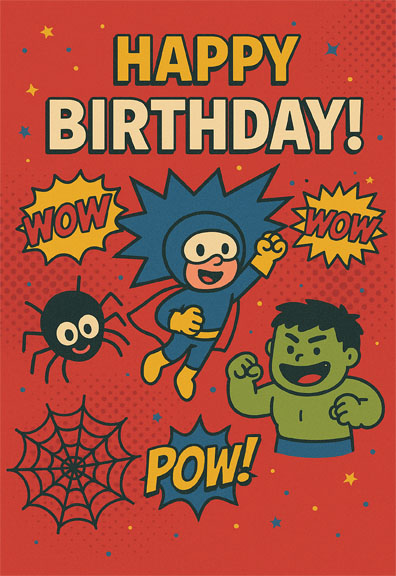 Comic Birthday Card for Young Comic Fans Pow Wow (Red)