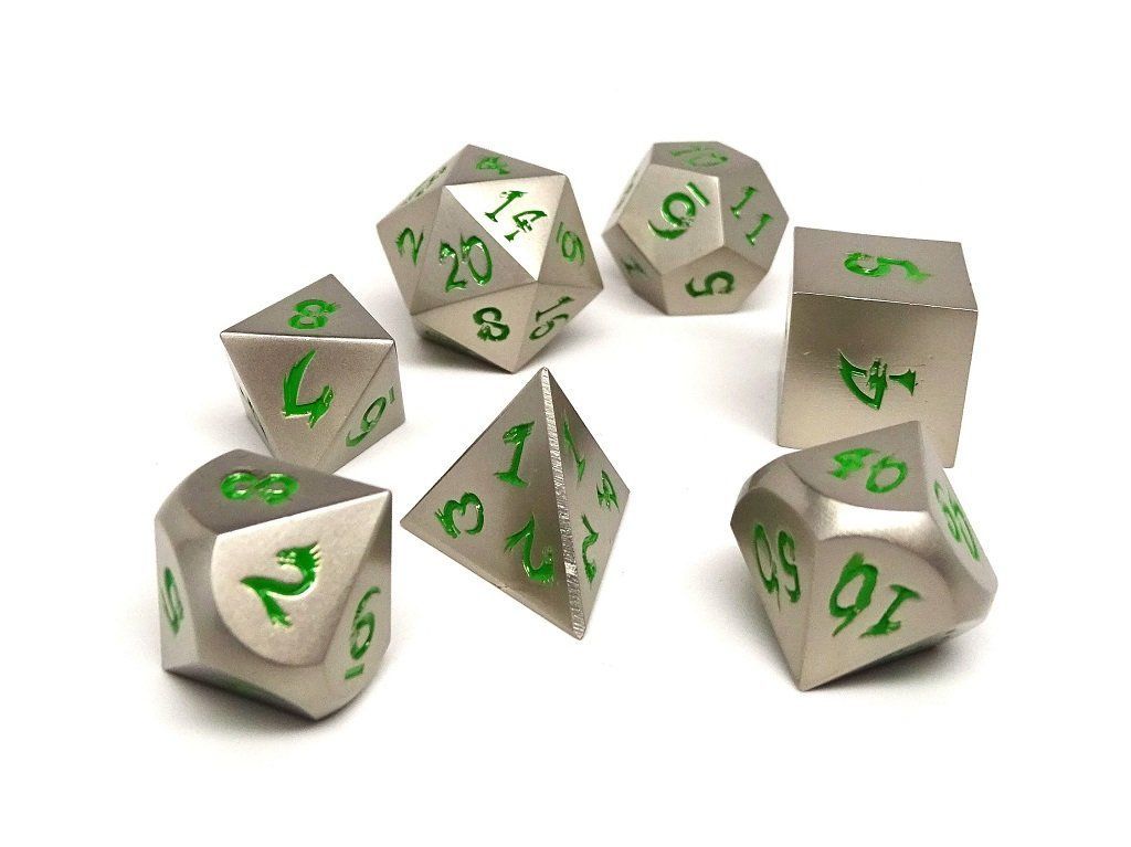 Metal Dice of Ancient Dragons: Ancient Silver - Green Font