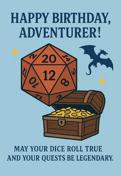 RPG Birthday Card - Dragon-Dice-Treasure (Blue)