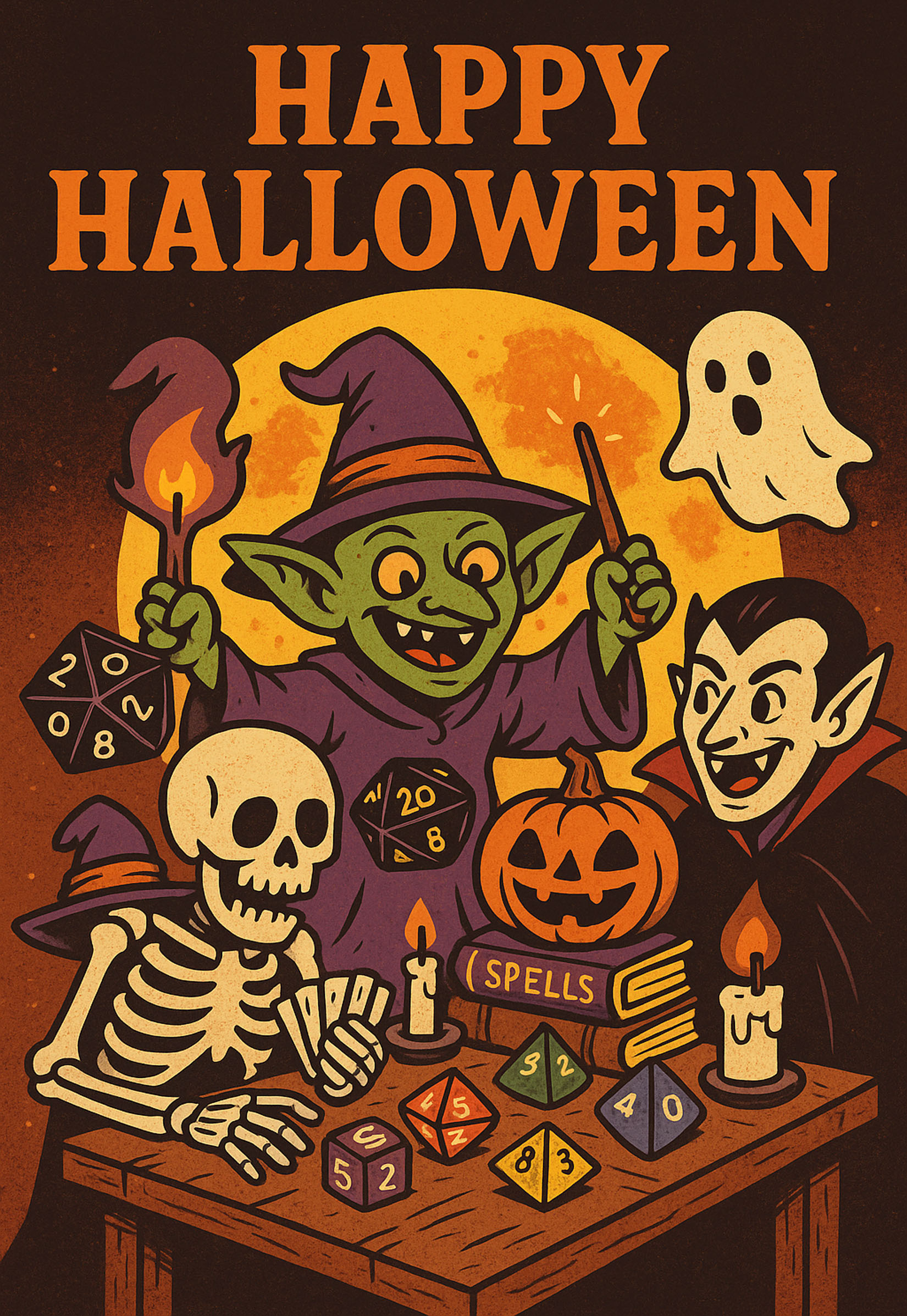 Happy Halloween Greeting Card with Pumpkin and Spells