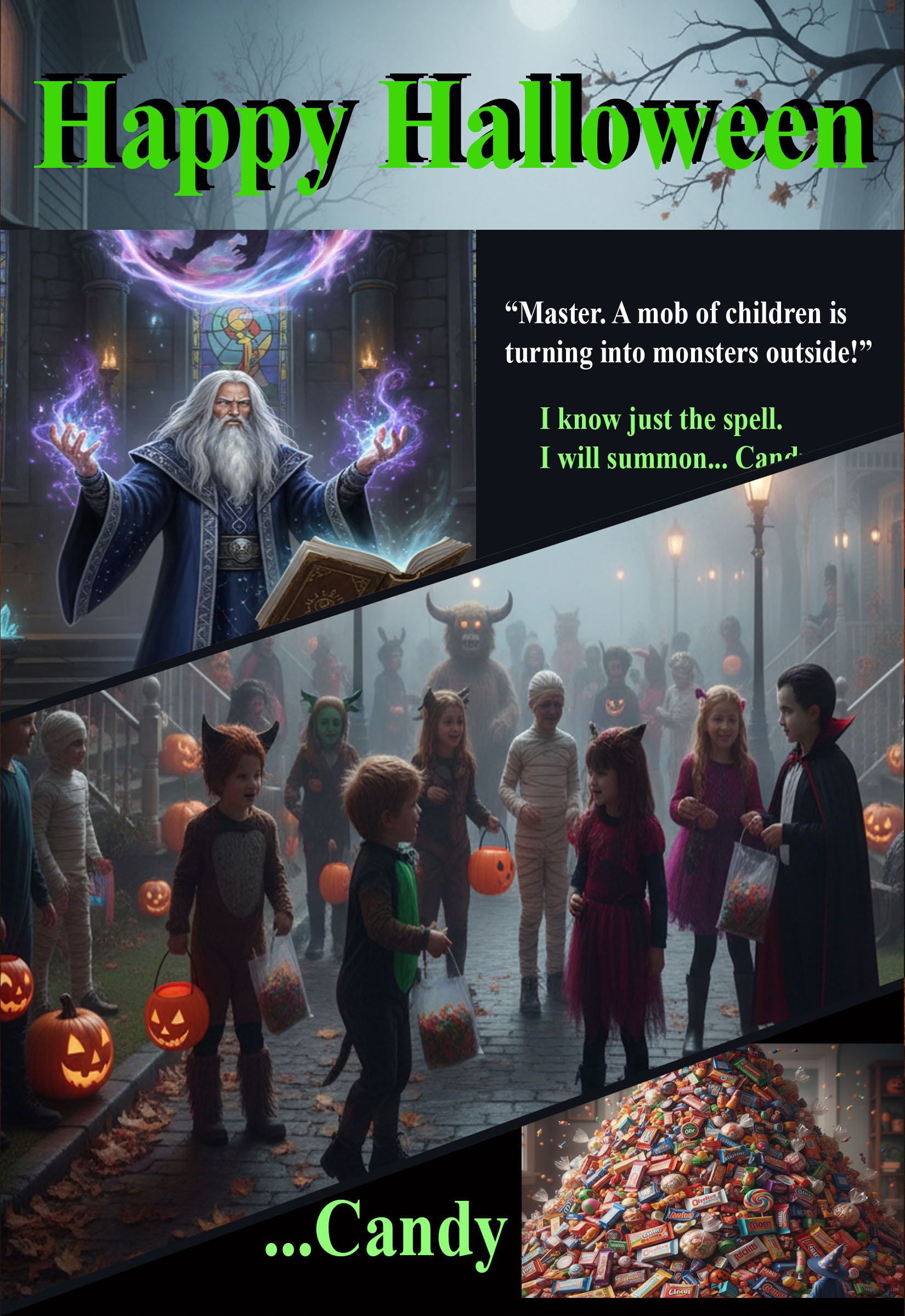 Happy Halloween Greeting Card with Lots of Kids and Candies