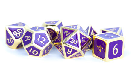 7-Set: 16mm Metal Polyhedral Dice Set: Gold with Purple Enamel