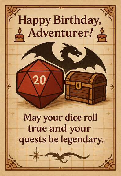 RPG Adventurer Birthday Card - Dragon-Treasure-D20 (Brown)