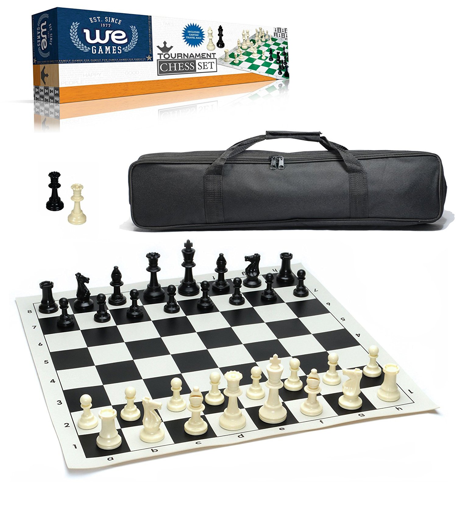 Tournament Chess Set - Plastic Pieces with Black Roll-Up Chess Board and Travel Canvass Bag (101121)